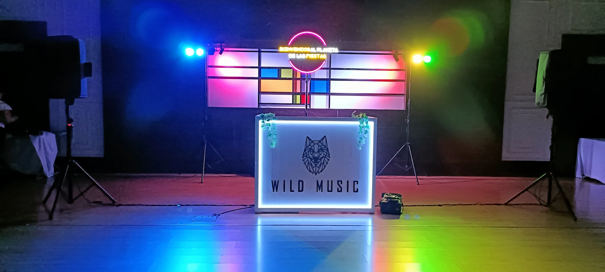 Equipo de sonido e iluminación Set Estándar de Wild Music, cabina con neón decorativo y luces disco, ideal para bodas íntimas y elegantes.