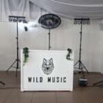 Elegante cabina de madera blanca con el logo de Wild Music Sevilla, equipo de sonido y luces del Set Estándar para celebraciones.